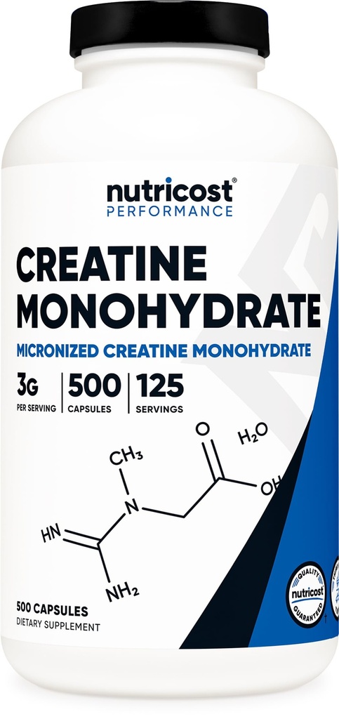 Nutricost Mikronizovaný kreatin Monohydrát 3 000 mg 500 Kapsle, 125 Podání, 750mg kreatin- monohydrát v jedné tobolce