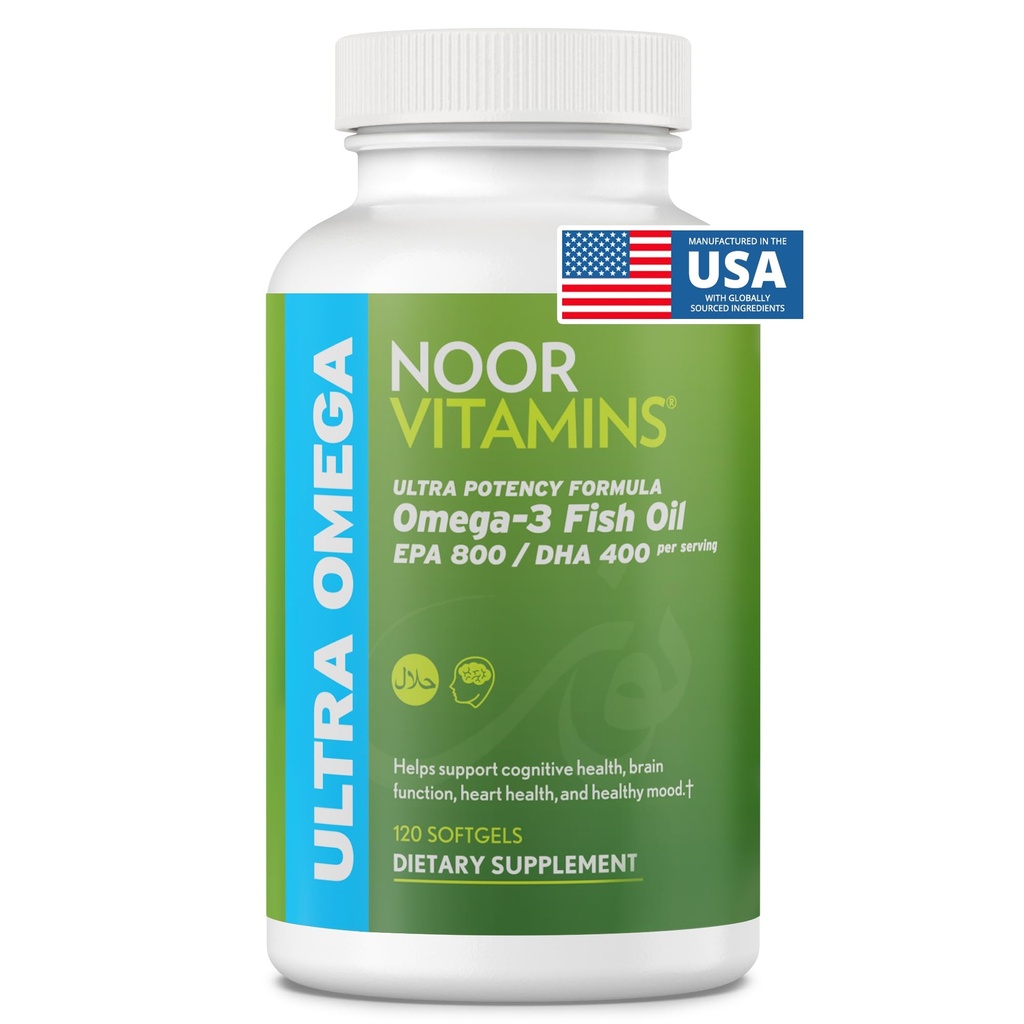 Noor Vitamins Halal Fish Oil, Halal Vitamins, Ultra Omega 3 Wild Peruvian Fish (800 mg EPA & 400 mg DHA) Heart, Brain & Joint Support, Non- GMO a gluten Free (120 Počet)