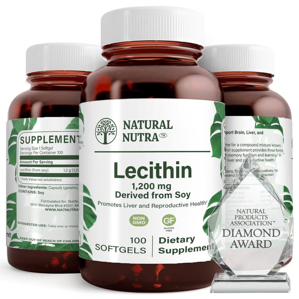 Natural Nutra Soy Lecithin 1200 mg doplněk stravy - funkce mozku, zdraví jater, Heply zdraví prsu, doplněk ke zvýšení paměti - gluten- Free, BPA- Free, 100 Softgels v recyklovatelných skleněných lahví