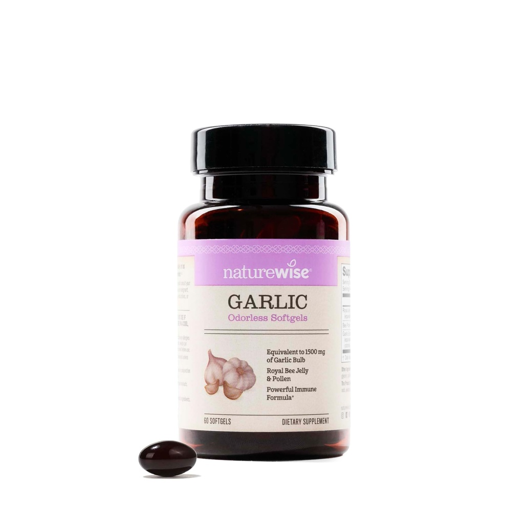 NatureWise Odorless česnekové pilulky - s Royal Bee Jelly & Pollen - Bylinný dodatek pro srdeční zdraví + imunitní systém + antioxidanty - gluten Free, Non-GMO - 60 Softgels [2-Month Supply]