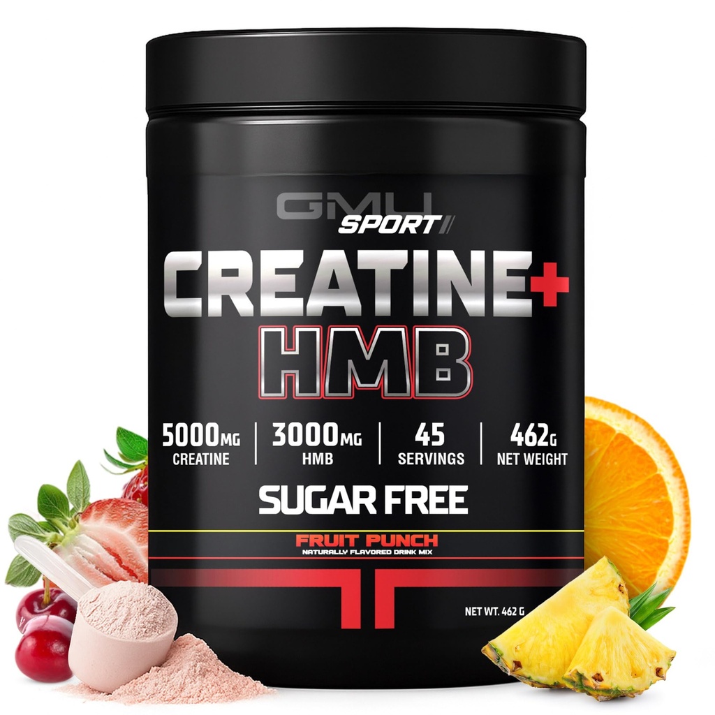 GMU SPORT - Creatin Monohydrát s HMB Powder - 45 Servings, Creatine HMB doplňky, Creatin s HMB pro zvýšení síly, Svalový růst a zvýšená energie, 3G HMB / Ovocný punč