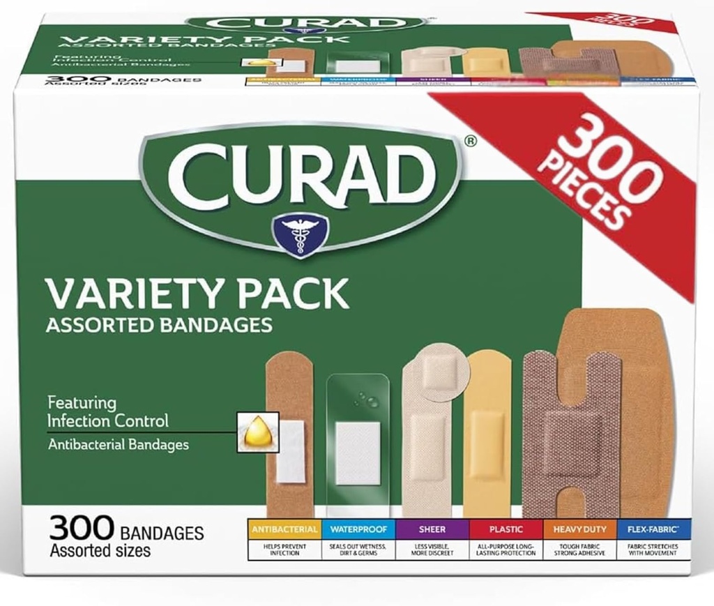CURAD tříděné obvazy Variety Pack, 300 Počet, 6 Styly včetně antibakteriální, vodotěsné, Sheer, Plastové, Těžké Duty & Flex-Fabric, Chrání škrabky, Kusy & Burns, Latex- zdarma