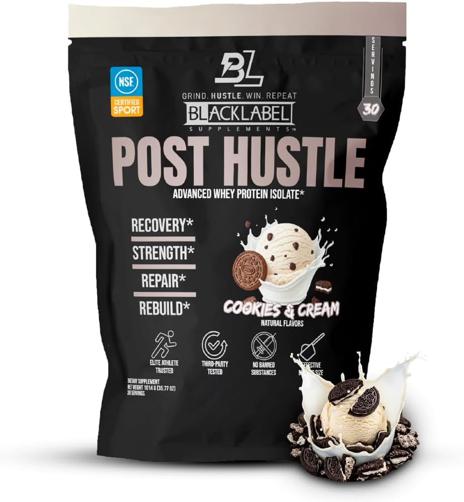 BLACKLABEL doplňky Post Hustle Post Workout Protein Powder, 30 Servings - NSF Certified for Sport Syley Isolate Protein Powder with Digestive Enzymes - Cookies & Cream