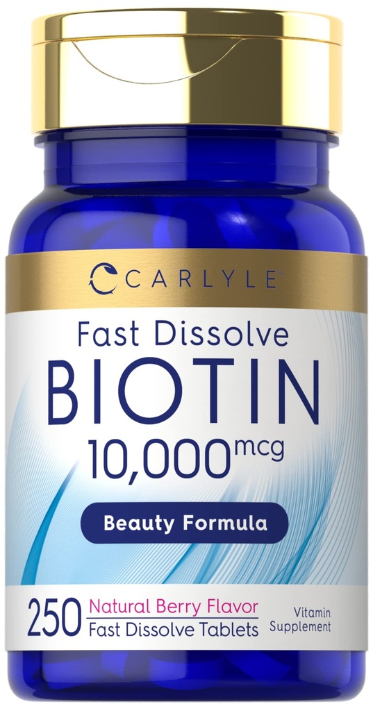Carlyle Biotin 10000mcg CLAS124; 250 Fast Disolution Tablet CLAS124; Max Strength CLAS124; Vegetarian, Non- GMO, gluten zdarma dodatek
