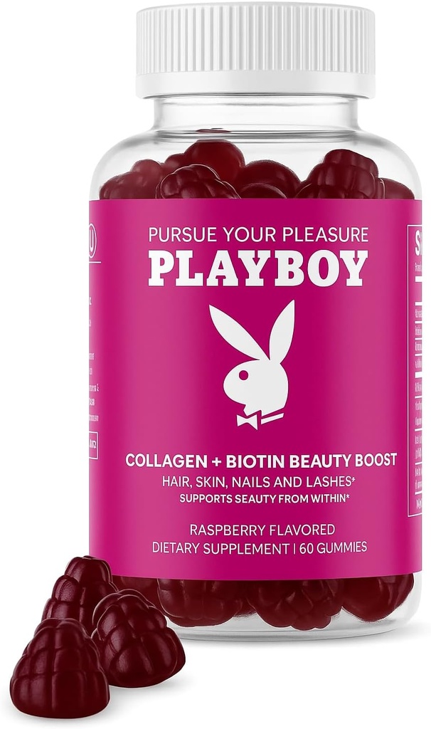 Playboy - Kolagen + Biotin Beauty Boost Gummies pro vlasy, kůže, nehty a řasy (60 Gummies) - Malinový ochucený Biotin & Collagen dodatek pro ženy a muže - Non- GMO, gluten zdarma, Nut Free Gummy