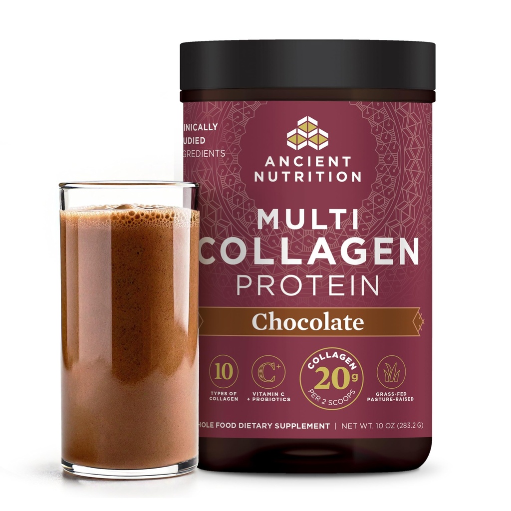 Starověké výživy Kolagen Peptidy Prášek, Multi kolagen Protein, Ženy a muži, Vitamin C, Probiotika, Hydrolyzované kolagen, Podporuje pleť, Sponky, Gut zdraví, Čokoláda, 24 Služební