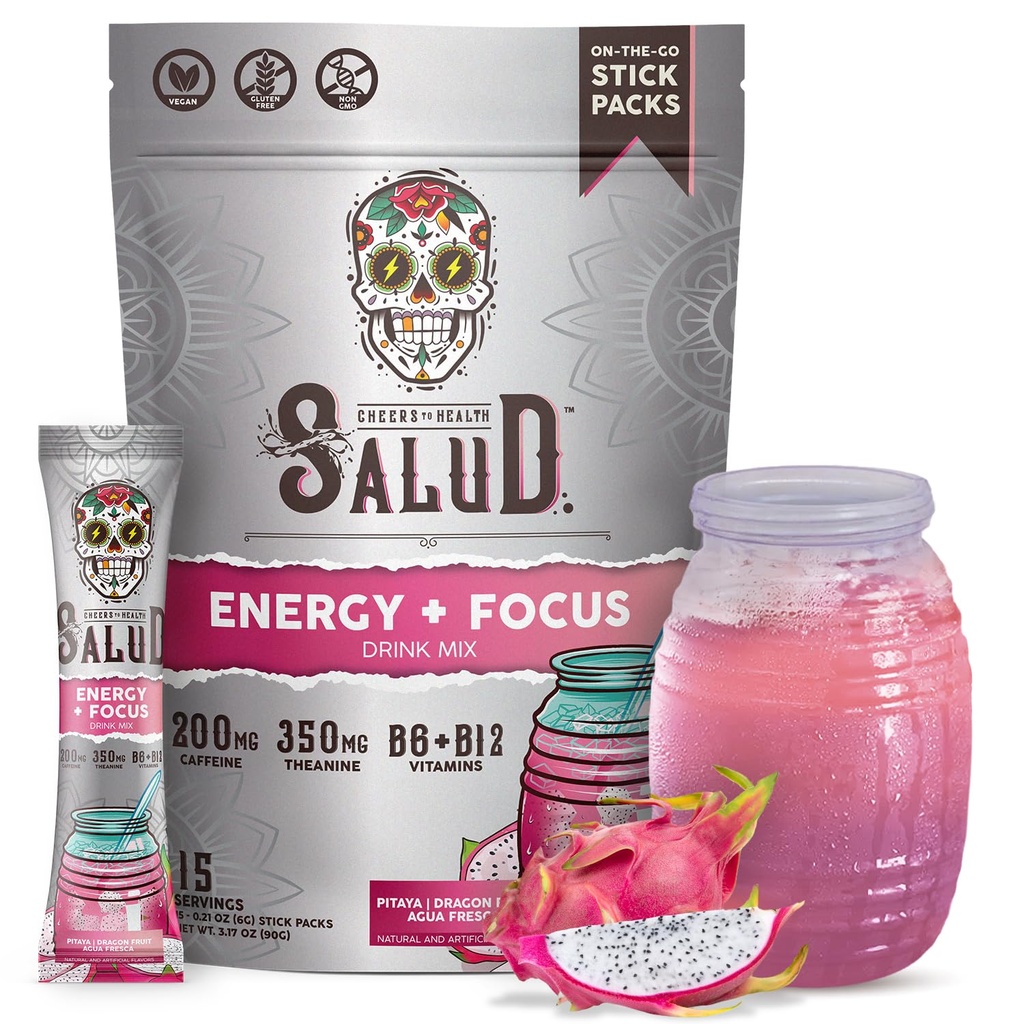 Salud 2in-1 Energy Drink Powder + Focus, Dragon Fruit, Organic Caffeine, B6 + B12, Theanine, Clean Energy Drink Packets, Pitaya Agua Fresca Mix, Non- GMO, Gluten Free, Vegan, 1g cukru, (15 Služeb)