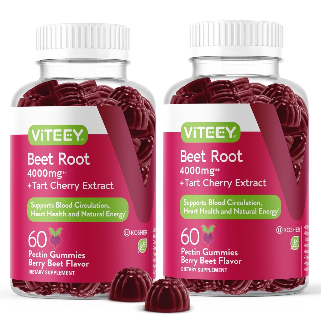 Viteey Beet Root Gummies with Tart Cherry - Beetropot Supplement for Heart Health, Blood Pressure Support - Vegan, Gluten- Free - 120 Count