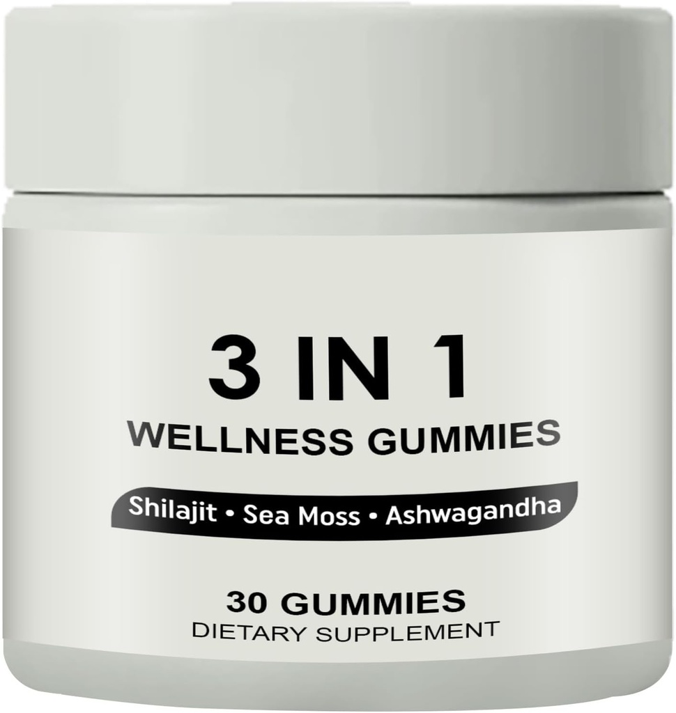 3 v 1 Gummies, 3 v 1 Shilajit Gummies for Men, Pure Shilajit Wellness Gummies (Shilajit + Sea Moss + Ashwagandha), Shilajit Gummies for Men, Non- GMO