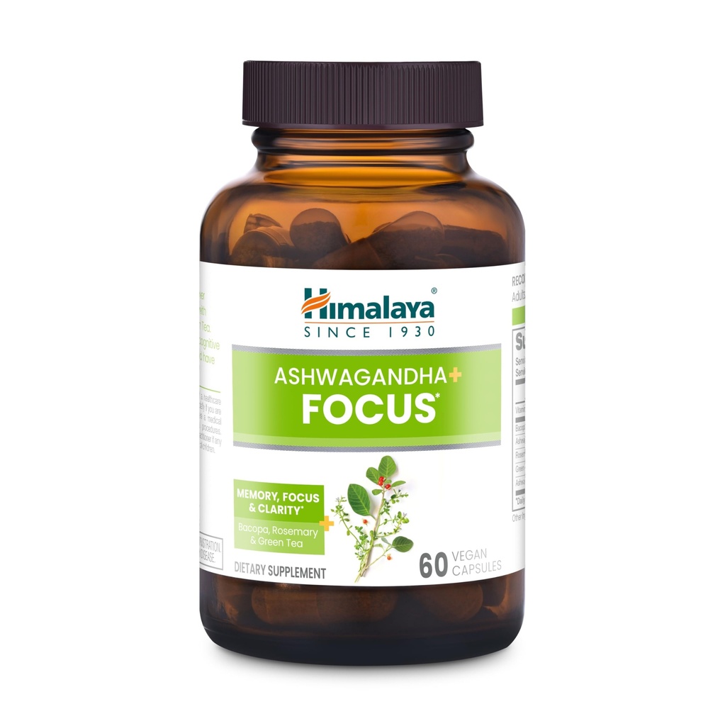Himalaya Ashwagandha + Focus - Herbal Focus dodatek s B12, Rosemary, Green Tea, a Bacopa Nootropics for Memory and Clarity - Vegan, Non- GMO, gluten Free, 1690 mg, 60 Caplet
