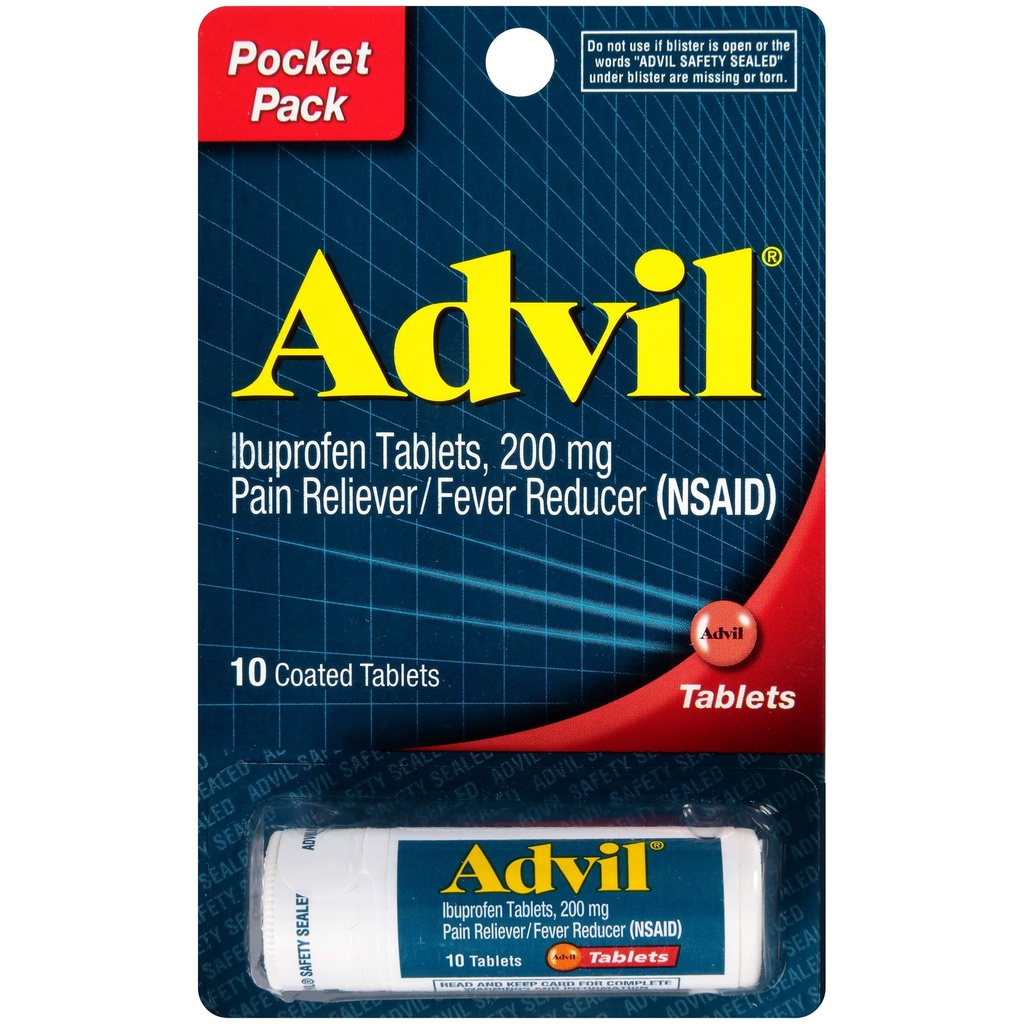 Advil Tablets Pain Reliever and Fever Reducer, Ibuprofen 200mg, 4 x 10 Count Vial, Fast Pain Relief, Pocket Pack