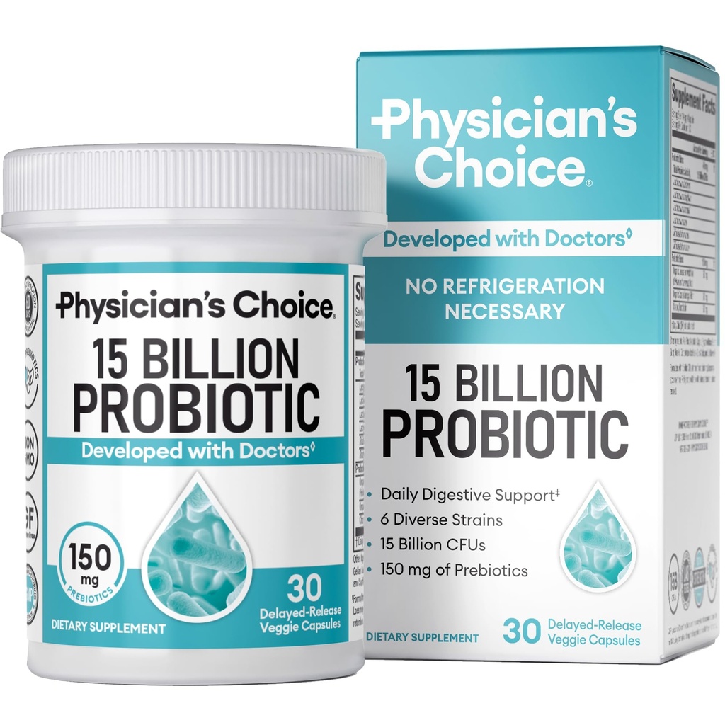 Lékařská choice Začátečnická Probiotika 15 Miliardy CFU - 6 Diverse Strains & Organic Prebiotics, Určeno pro celkové trávicí zdraví a podporuje příležitostné zácpy, Průjem, Plyn & Bloating