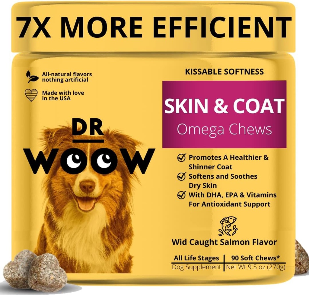 Omega Wild Aljašský losos Fish Oil 90 ct Soft Chews for Dog - Anti Itch & Coat + Alergics Support, with Kelp, Biotin, Vitamíny, Zinek - Pomáhá Itchy Skin, Psí alergie, Může snížit vypouštění