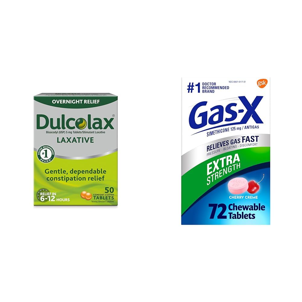 Dulcolax Overnight Relief Laxative for Gentle Constolly Relief, Bisacodyl 5 mg tablety, 50 Count & Gas- X Extra Strength Chewable Gas Relief tablety se Simethicone 125 mg pro Bloating Relief
