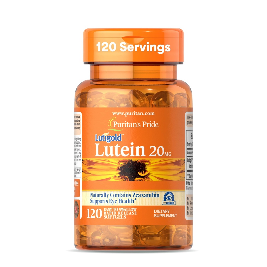 Puritan 's Pride Premium Lutigold ™ Lutein Carotenoid 20mg s Zeaxanthin pro muže a ženy, Dietní dodatek pro podporu zdraví očí, 8 Měsíční dodávky, 120 Easy- to-Swallow Softgels