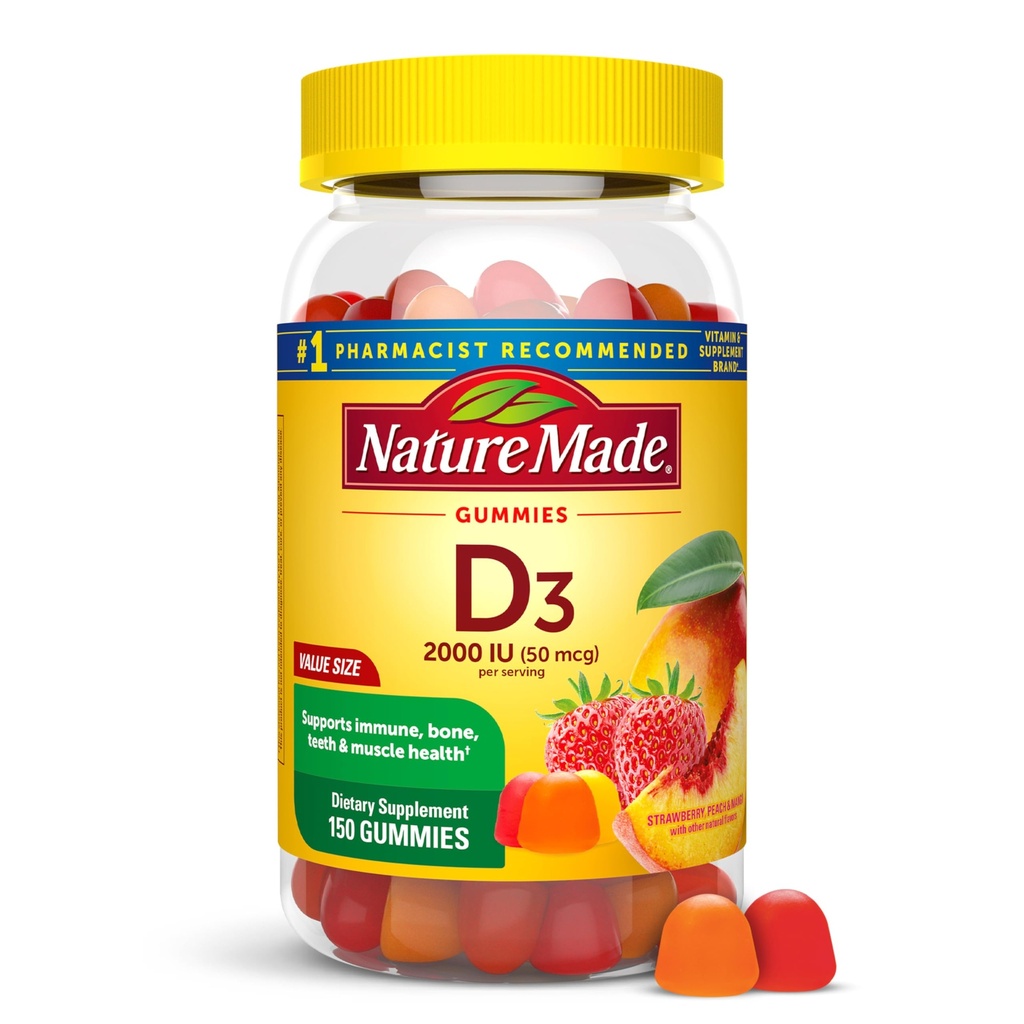 Nature Made Vitamin D3 2000 IU Per Serving Gummies, Kost, Zuby, Muscle and Imunitary Health Support, 75 Day Supply, 150 Vitamin D Gummies pro dospělé