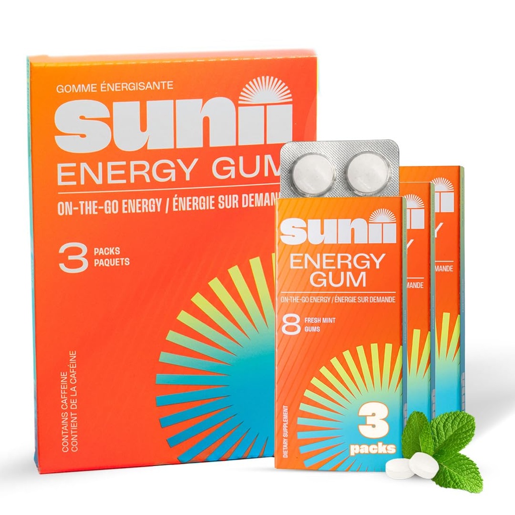 SUNII ENERGY GUM - New Quick Boost Energy & Focus - 50mg Caffeine Gum -Vitamíny B6 & B12, Taurin, Vegan, No Sugar, Nula Calorie, Fresh Mint Chuť - Rychlejší než žvýkání, Nápoje, Gels & pilulky (24ks)