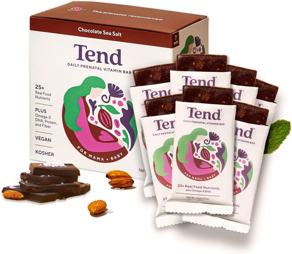 Tend Daily Best Prenatal Vitamin Bar, Vyrobeno s organickými složkami pro těhotné a poporodní matky, Zahrnuje DHA, Vitamin D, B, Cholin, Folát - Čokoládová mořská sůl (7ct)