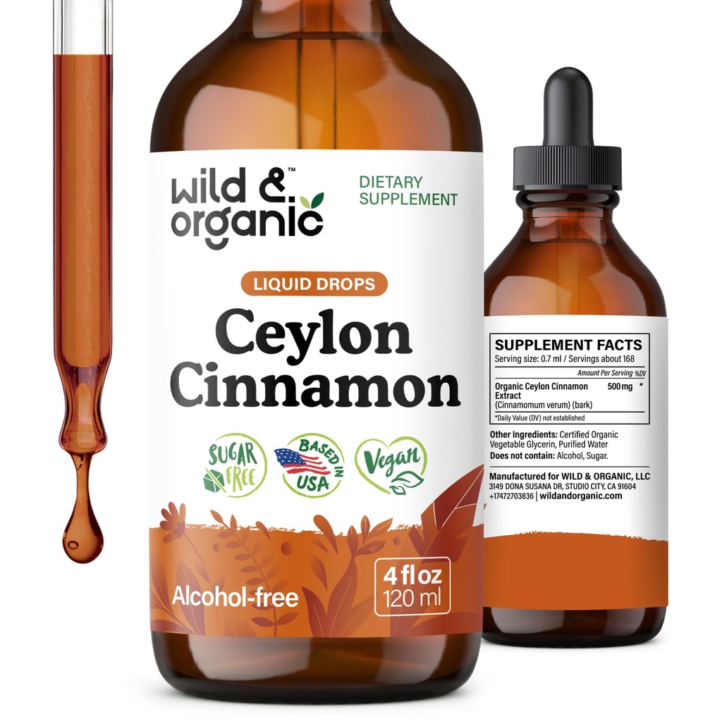 Wild & Organic Ceylon Skořice Tincture 500 mg - Tekuté Skořice Doplňky pro celkovou podporu - Cinnamomum Verum Bark Extract - Vegan, Cukr & Alcohol- Free, Non- GMO - 4 fl oz