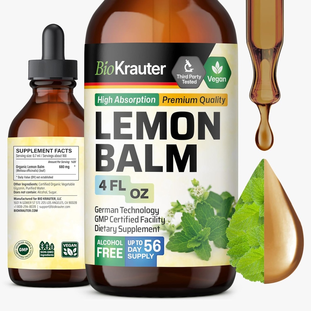 BIO KRAUTER Lemon Balm Leaf Extract - Vegan Melissa Lemon Balm tinktura pro Calmness Support - Sugar & Alcohol- Free - 4 Fl. Oz.