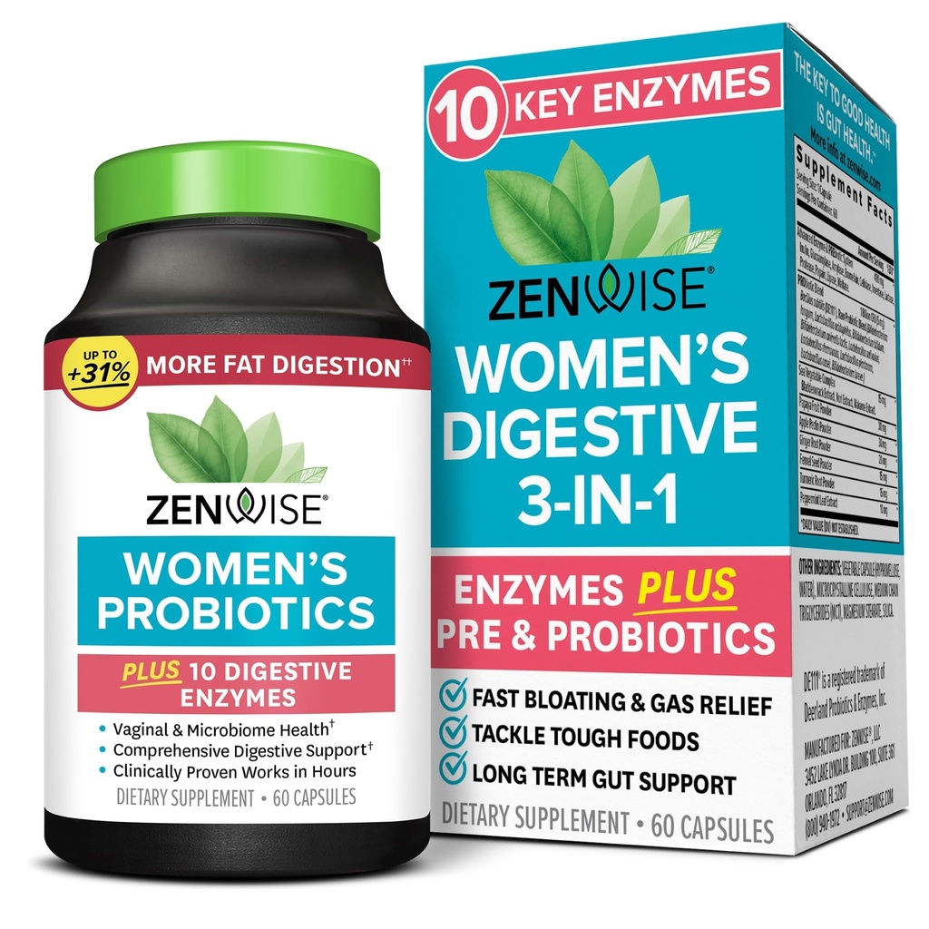 Zenwise Health 3- in-1 Womens Probiotic Supplement for Digestive, Gut Flora & Vaginální zdraví - Denní Probiotika & Prebiotika pro ženy s Digestive Enzymes Podporuje Bloating & Gas Relief - 60 Počet
