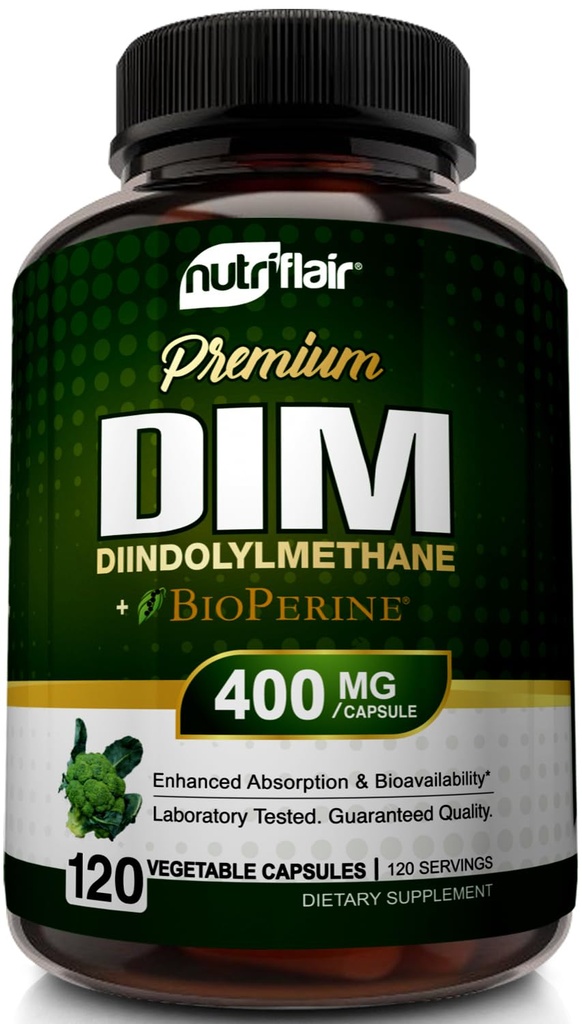 NutriFlair DIM dodatek 400mg s bioperínem, 120 Kapsle - Diindolylmethan - Podpora metabolismu estrogenu a hormonální bilance, Menopauza, PCOS, Akné a Péče o ženy - Porovnejte s 300mg