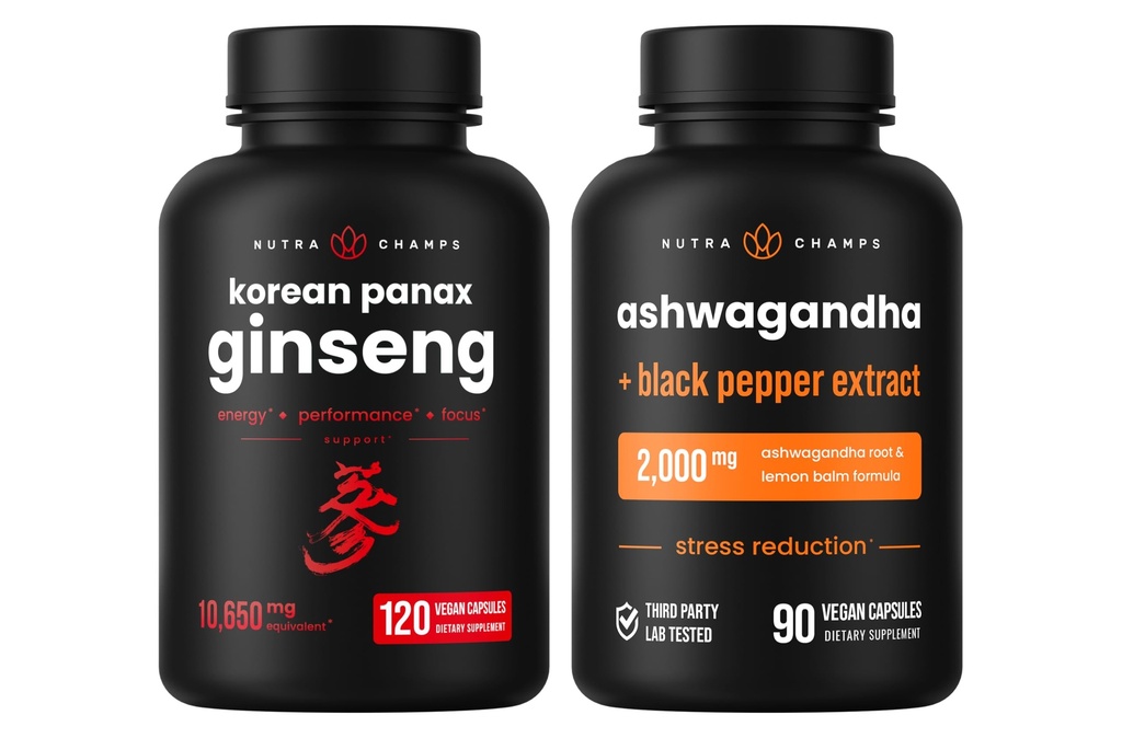 NutraChamps Korean Ginseng Kapsle a Ashwagandha Kapsle 2 Pack Bundle