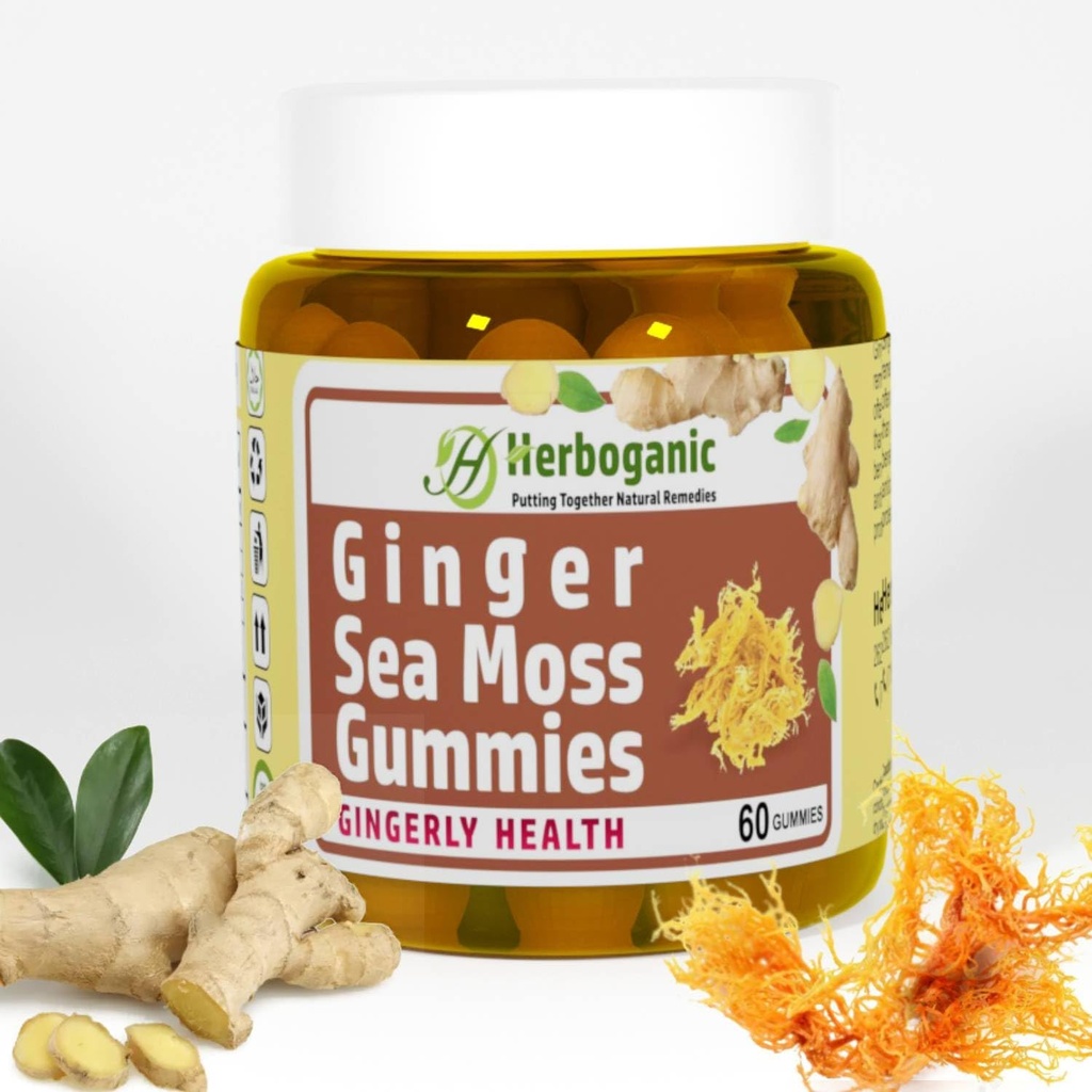 HERBOGANIC Ginger Moss Gummies - Bylinná podpora imunitního a trávicího zdraví - Plant- Powered, Gluten- Free & Vegan- Friendly - 60 Počet