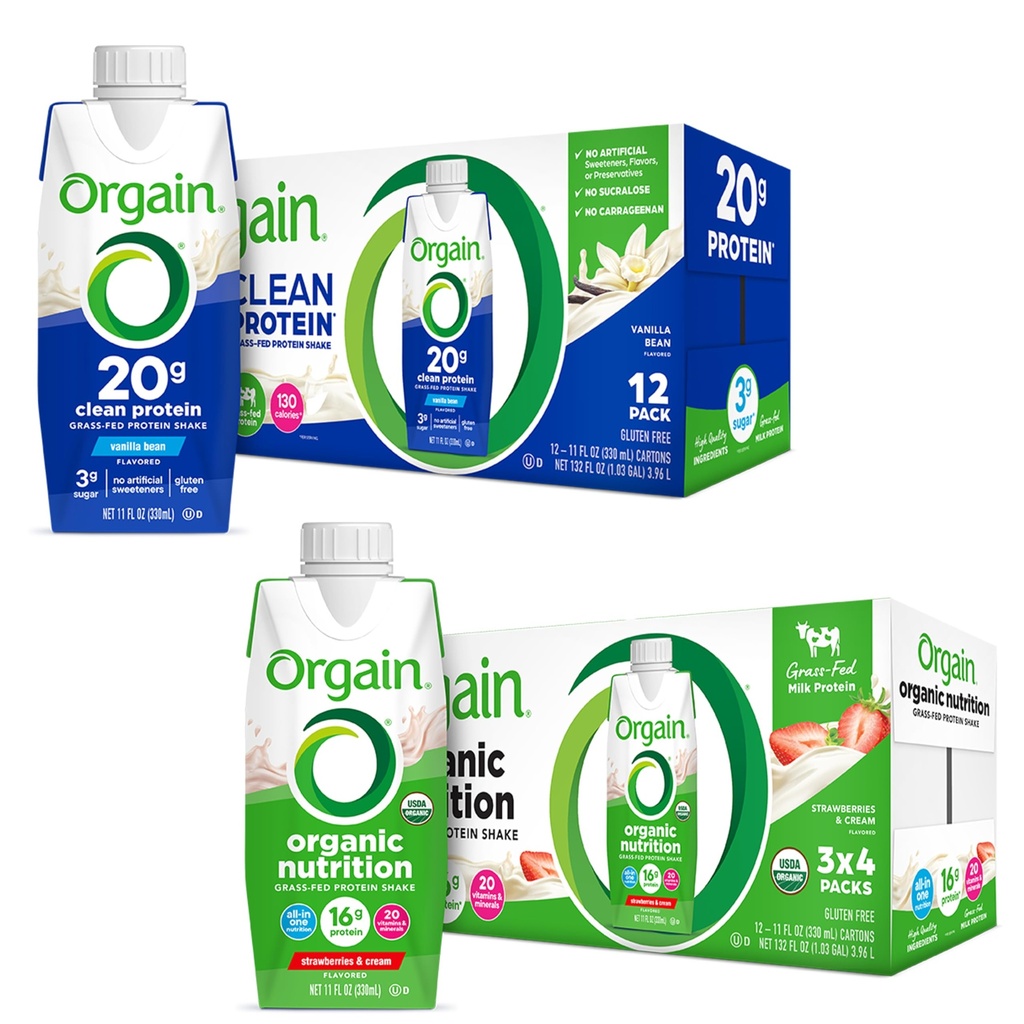 Orgain Clean Protein Shake, Grass Fed Dairy, Vanilla Bean (balení 12) a Orgain Organic Nutritional Protein Shake, Jahody & Cream (balení 12)
