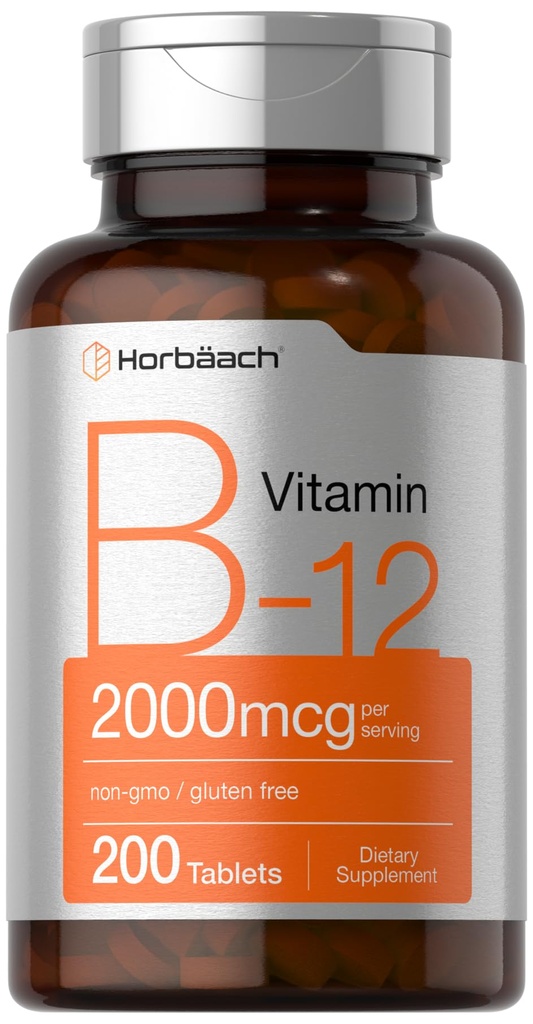 Horbäach B12 Vitamin 2000 mcg colum124; 200 Tablet colum124; Vegetariánský dodatek colum124; Non- GMO & gluten zdarma