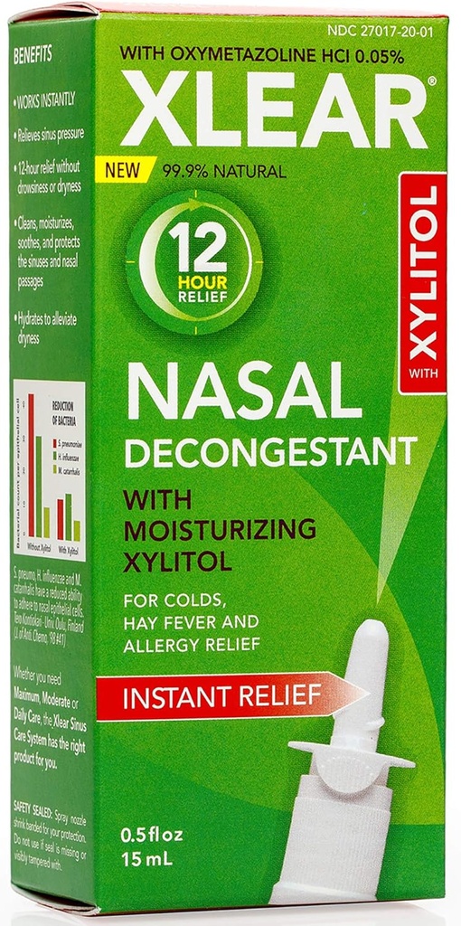 Xlear 12- hodinová přírodní saline Nasal Decongestant Spray s Xylitol a Oxymetazolin, okamžitý Sinus tlak a zácpa Relief pro děti a dospělé 0, 5 fl oz (balení po 3)