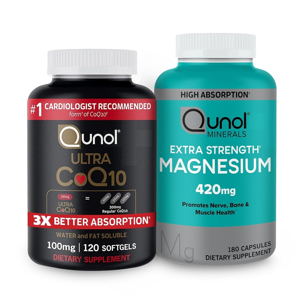Qunol CoQ10 100mg Softgels, 3X Lepší Absorpce 4 Měsíční zásoba + 120 Počet Glycinát hořčíku Kapsle 420mg, Vysoká Absorpce Dodatek k hořčíku, 180 Počet