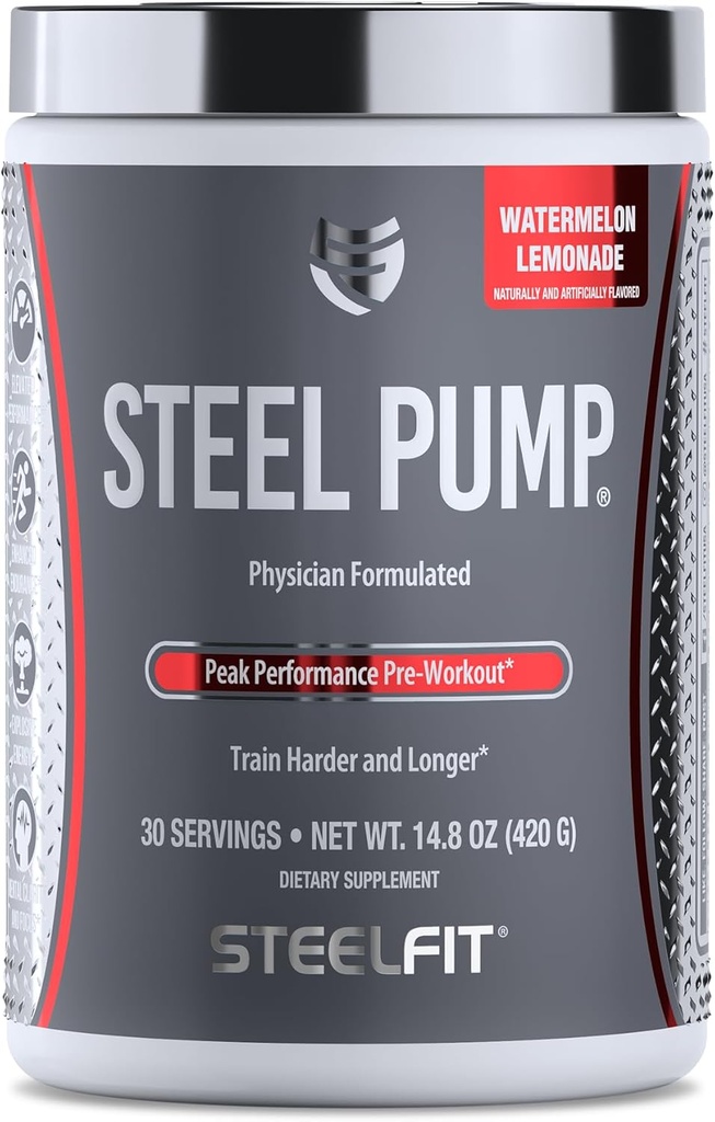 SteelFit ocelové čerpadlo 124; Advanced Pre Workout Powder & Nitric Oxide Supplementary 124; Watermeloun Lemonade, 30 Servings CU124; pro budování svalů & Recovery 124; Made with Peak ATP, Ashwagandha, & Electrolytes