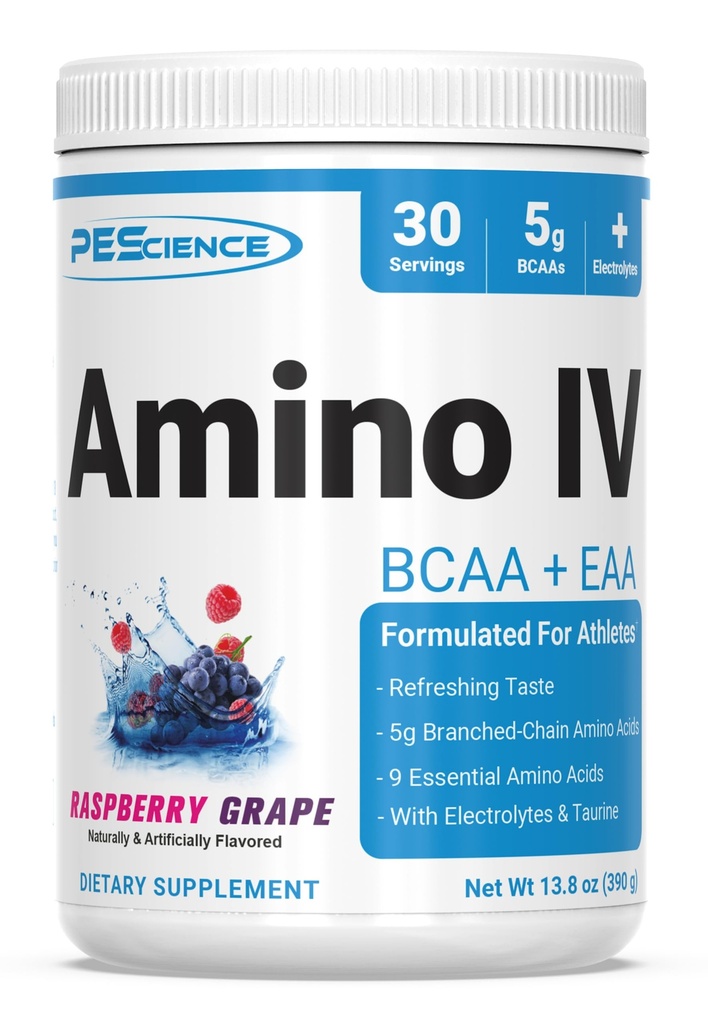 PEScience Amino IV BCAA & EAA prášek, esenciální aminokyseliny, taurin, elektrolyty pro hydrataci a svalovou obnovu, cukr zdarma pro muže a ženy, příspěvek cvičení - Raspberry Grape - 30 Služeb