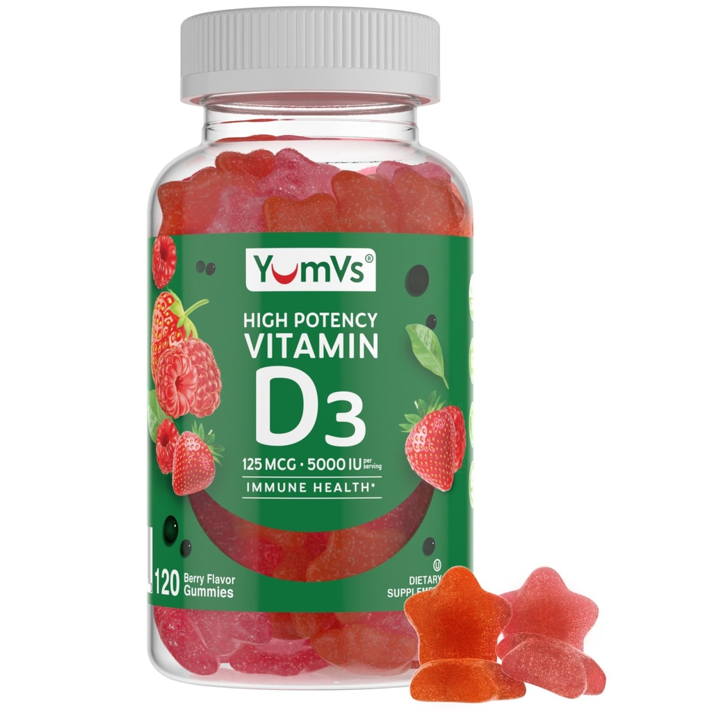 Vitamin D3 Gummies 5000 IU 125mcg D3 Gummies - Podpora imunitní podpory, Silné zdraví kostí - Non- GMO, Gluten- Free, Dairy- Free, Vitamin D Gummy (120 Počet)