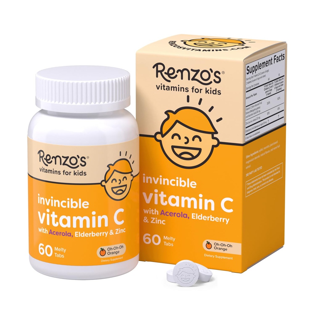 Renzo je nepřemožitelný vitamín C pro děti s Elderberry a zinkem, Rozpustné dětské vitamíny pro imunitní podporu, 60 Orange- ochucené tabs