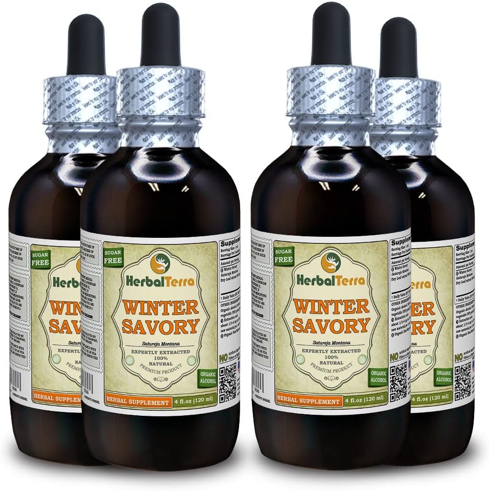 Zimní slanina (Satureja Montana) Tinktura, Organic Sured Leaves Liquid Extract (Značka: HerbalTerra, Proudly made in USA) 4x4 fl.oz (4x120 ml)