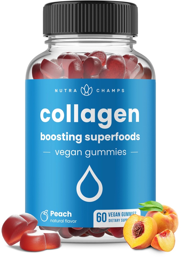 NutraChamps Kolagen Zvýšení žvejkačky, Kolagen Booster Gummy pro přírodní kolagen výroba, Vegan Pectin doplňky Žvýkačky pro ženy a muže, 60 Peach Vitamíny žvýkačky
