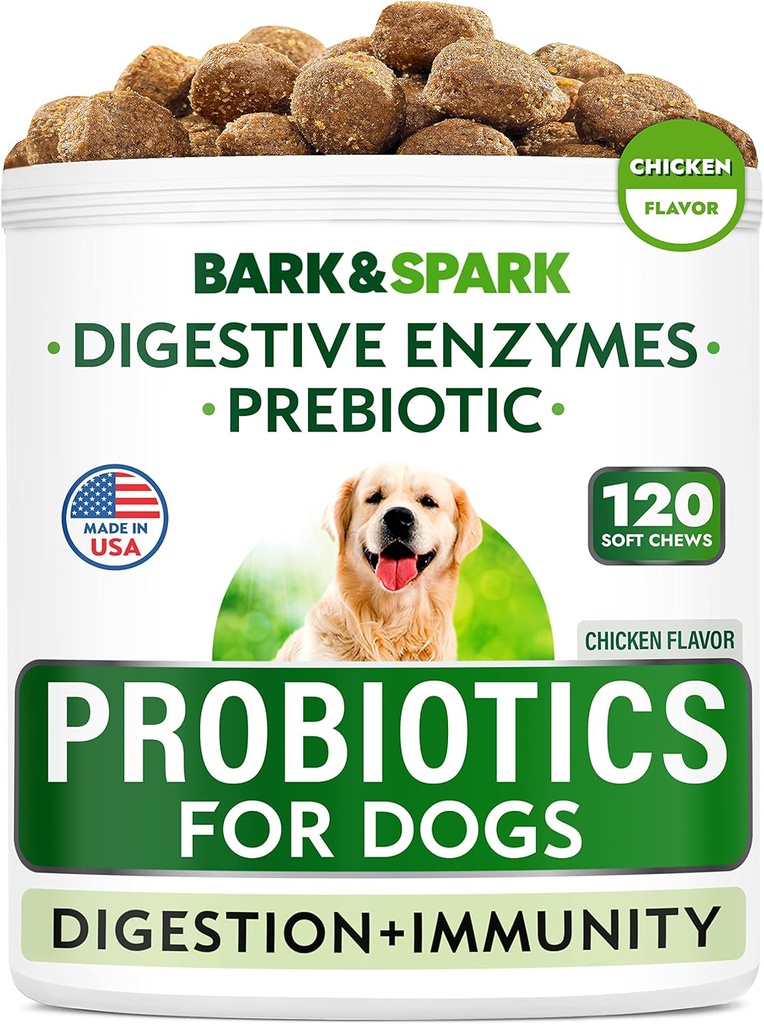 BARK & SPARK Dog Probiotic Chews - Gas, Diarhea, Alergie - Enzymy + Prebiotika - Žvýkací vlákna - Digestion, Imunity - USA Made - 90 Ct - Chicken