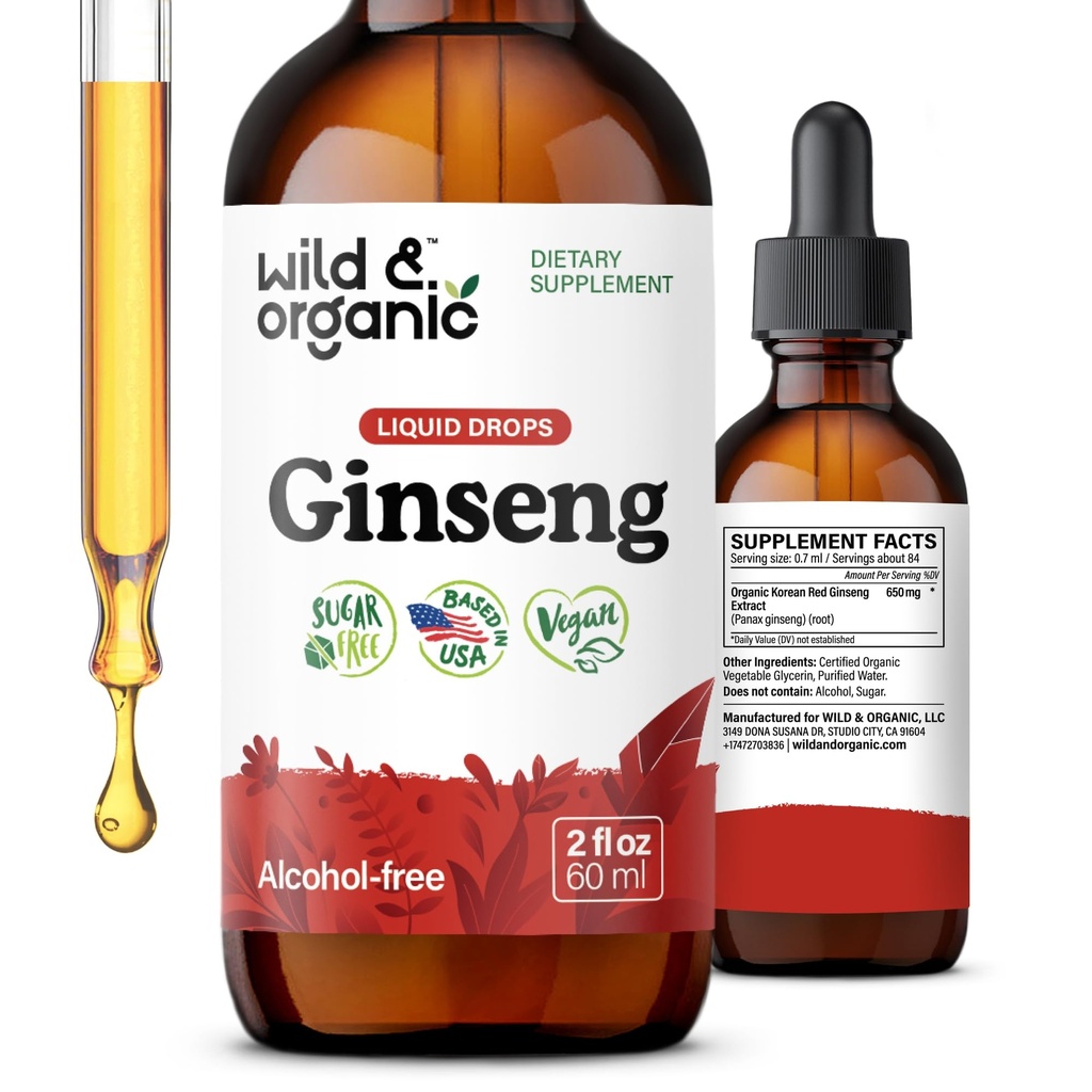 Wild & Organic Korean Ginseng Extract Drops - Panax Ginseng dodatek pro imunitní podporu - Tekutá kořenová tinktura pro celkové Well- Being - Vegan, Cukr & Alcohol- Free - 2 fl oz