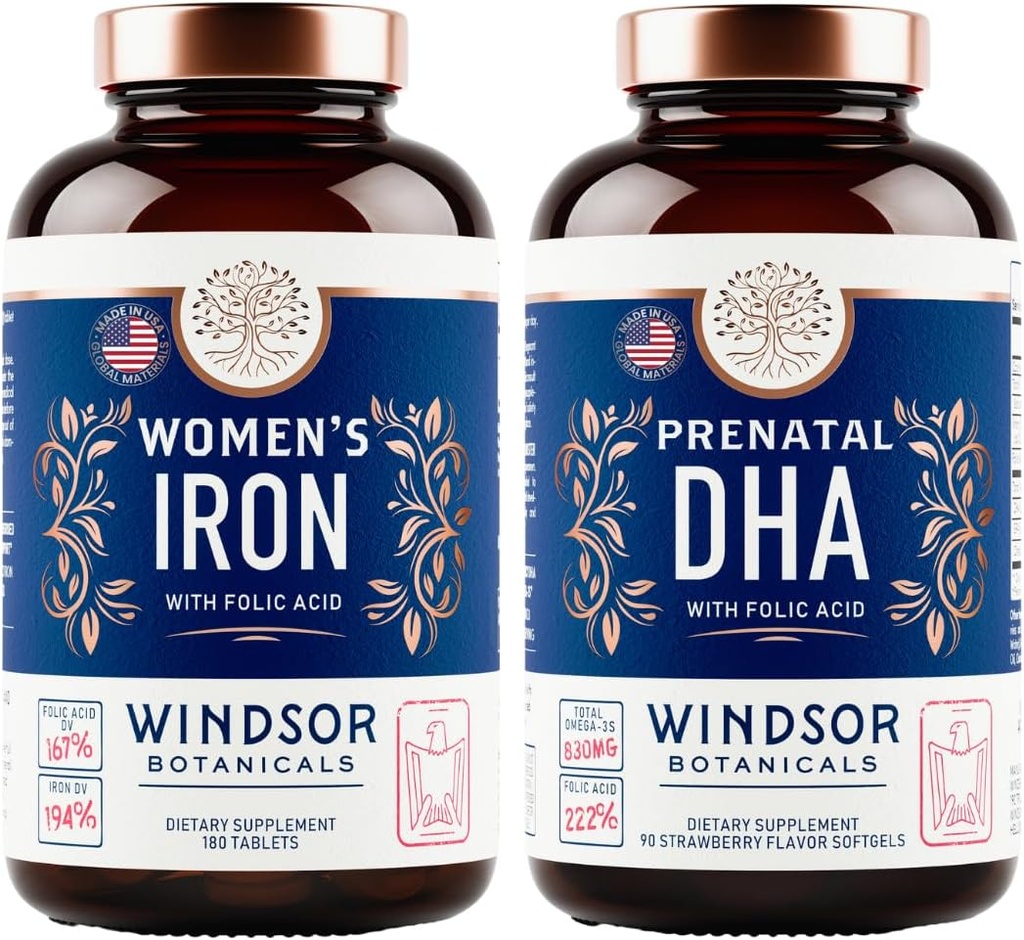 WINDSOR BOTANICALS Prenatální DHA a železné pilulky pro ženy s kyselinou listovou - Prenatální vitamin Bundle