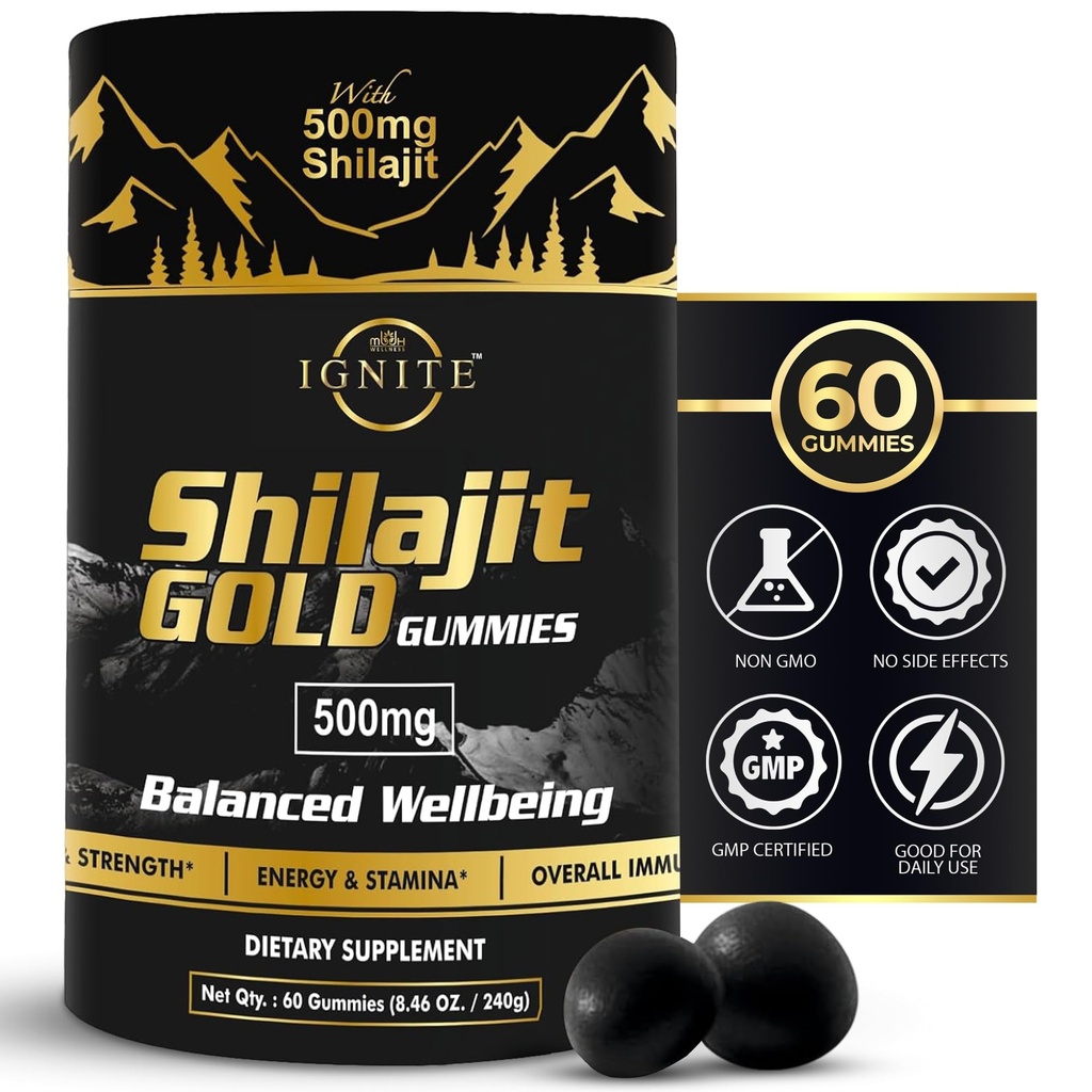 Čistá himalájská shilajitová gumička - 75% + Fulvic acid, vysoce potentní zlatý stupeň - směs pro energii, vitalitu a imunitní podporu, Cestování - Friendly, Tamarind Flavor - 60 Gumies