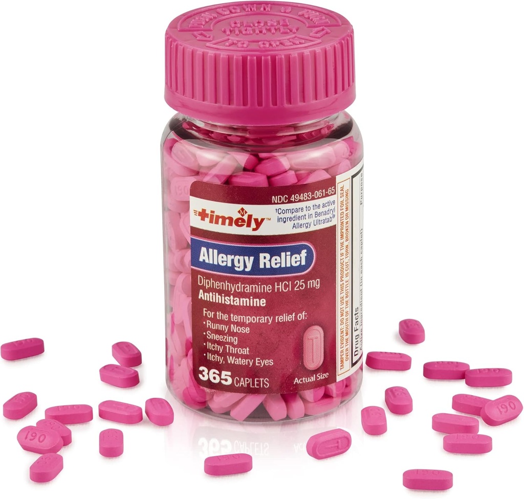 Časově Alleries Relief Difenhydramine HCl 25 mg - 365 Caplets - Ve srovnání s Benadryl Alleries Ultratab - Antihistamin - Alergické léky - Runny Nose Relief pro dospělé - Watery Eyes Treatment