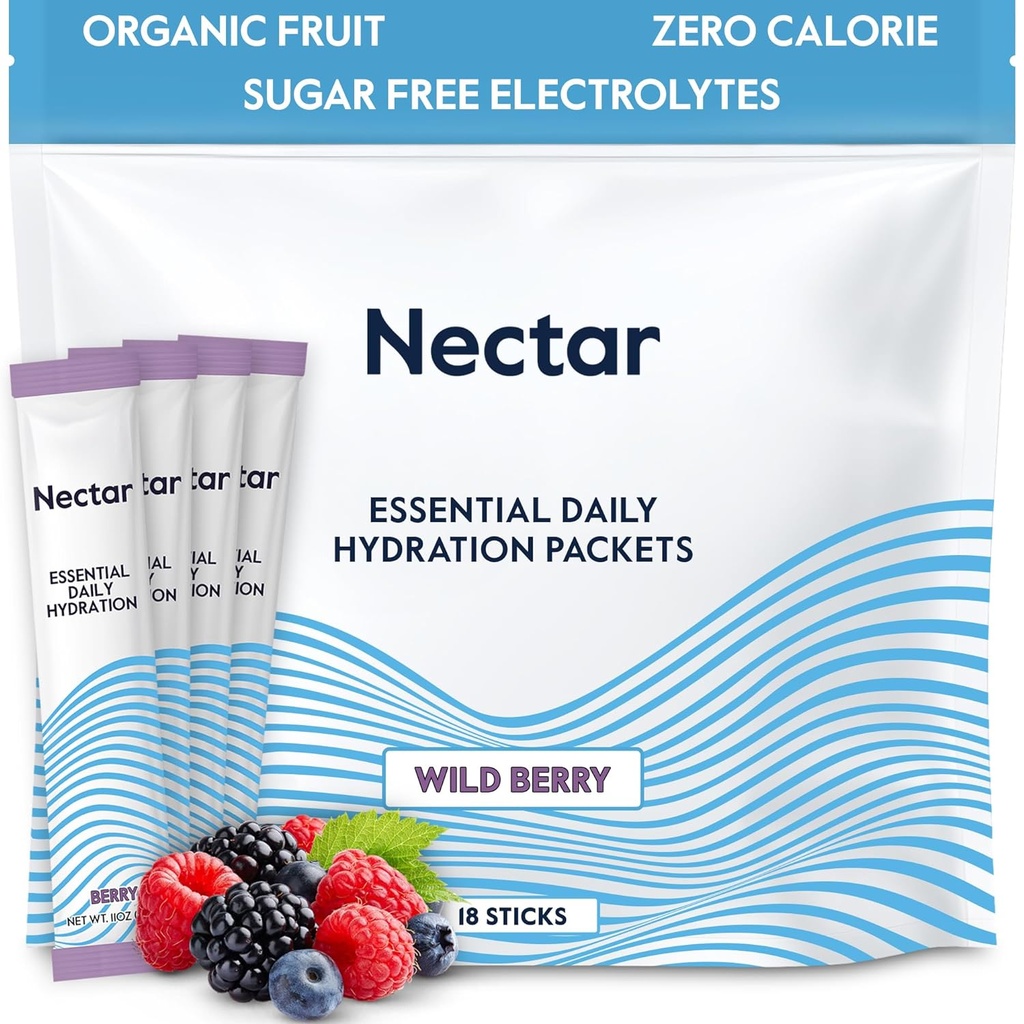Nektar Hydration Packets - Electrolytes Powder Packets - No Sugar or Calories - Organic Fruit Liquid Daily IV Hydrate Packets for Dehydratation Relief and Rapid Rehydratation (Berry 18 Pack)