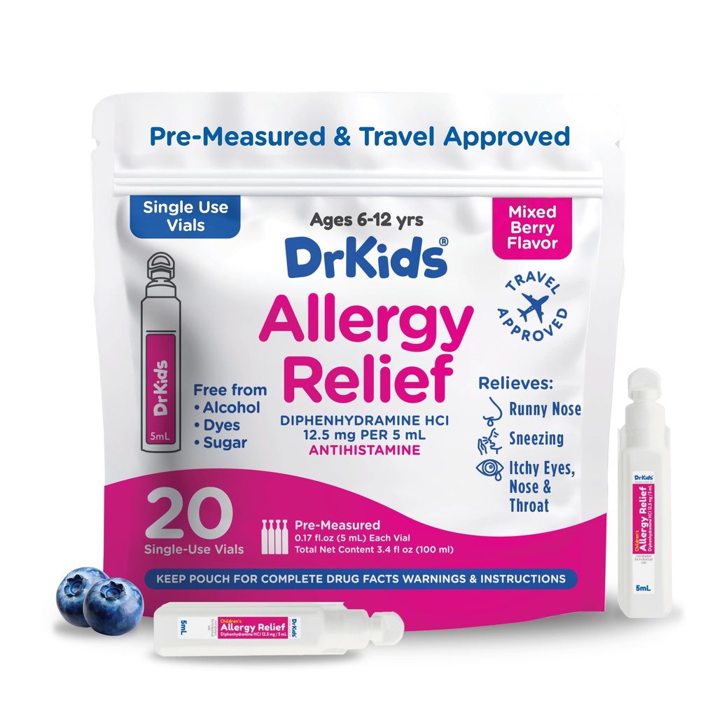 Dětská alergická medicína Dr. Children 's Alleries Relief Medicine with Diphenhydramine - Pre- Measured Single-Use Vials, Kids Antihistamin for Suezing, Runny Nose & Itchy Eyes, Mixed Berry Flavor, 20 Count (Pack of 1)