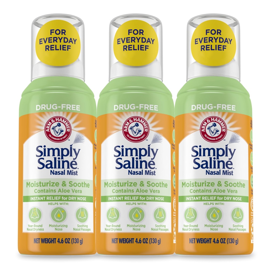 Arm & Hammer Simply Saline Moisturize & Soothe Nasal Mist, Drug- Free Moisturising Saline Nasal Spray for Instant Relief for Dry Nose, 4.6 Oz (130 g), 3 Pack