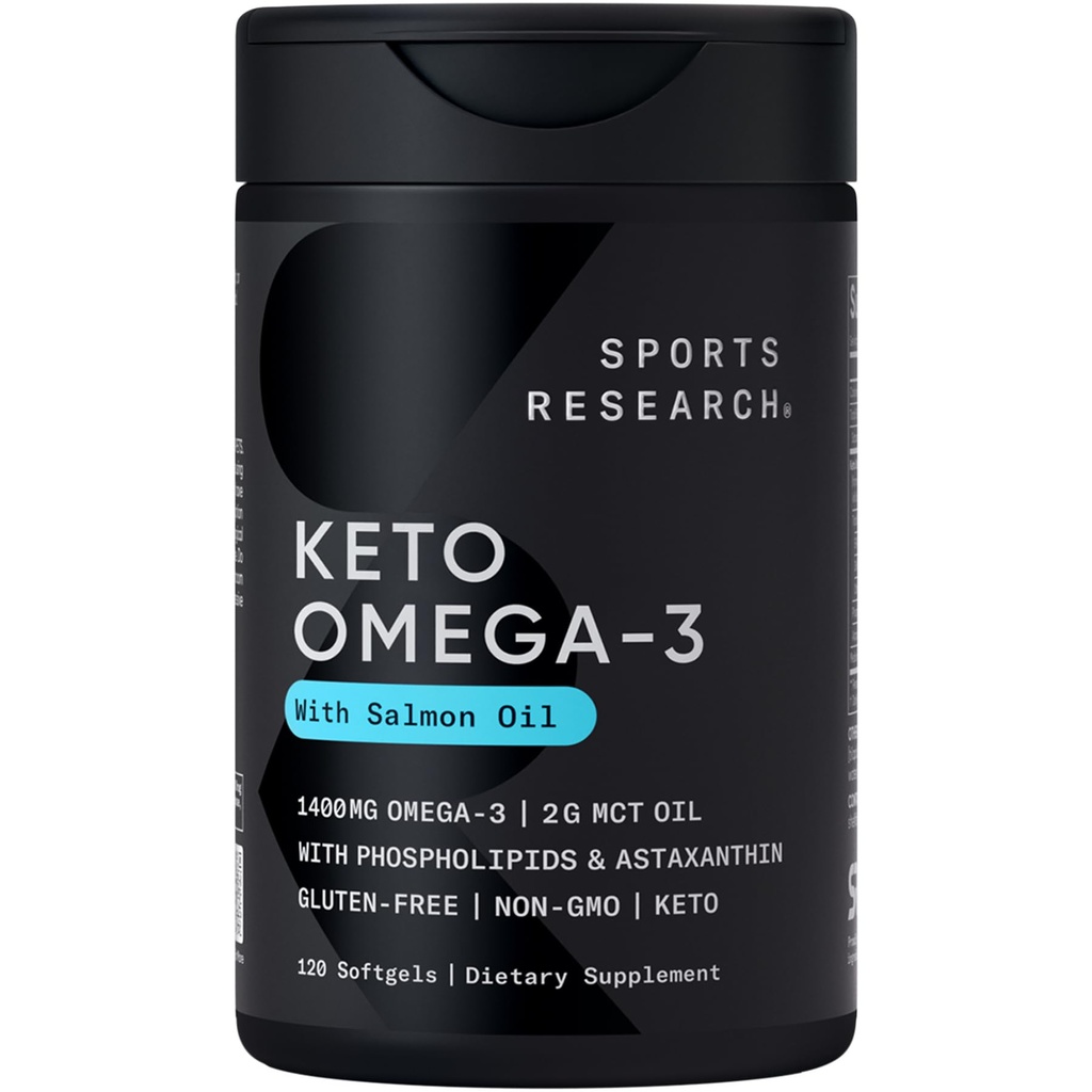 Sports Research ® Keto Omega Fish Oil 1400mg - Full Spectrum Omega33 Blend with Astaxanthin & Cococonut MCT Oil - Keto Certified, Soy & Gluten-Free (120 Softgels)