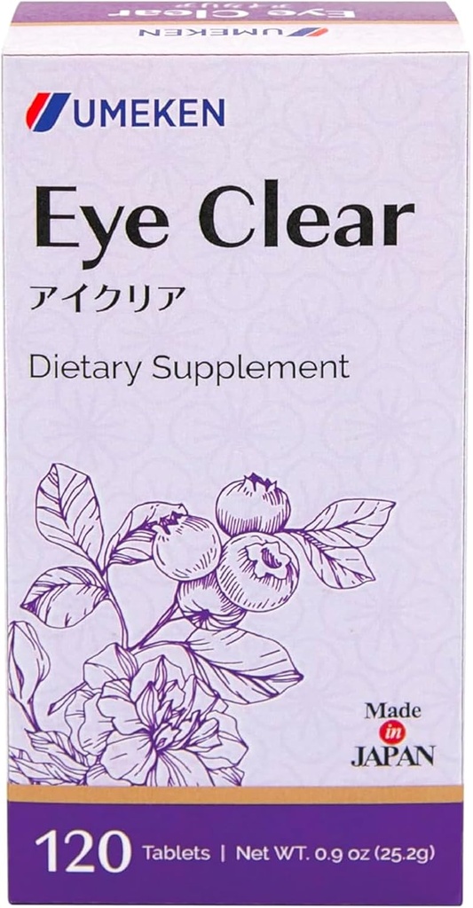 Umeken Eye Clear Dietní dodatek, Borůvkový extrakt, Lutein, Zeaxanthin, Ginkgo, Vision doplňky pro dospělé, oční vitaminy, 2 měsíce Dodávka, 120 Tablety, Balení 120