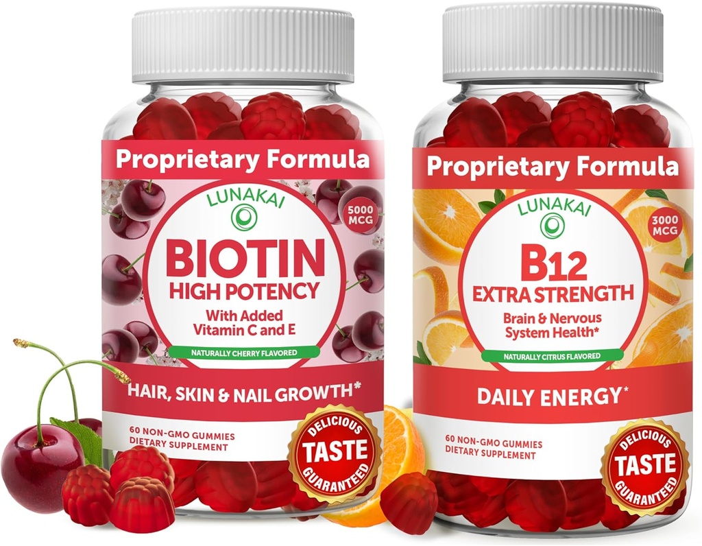 Lunakai Biotin a vitamin B12 Gummies Bundle - Vlasy a hřebíky Růstové gumy s vitaminem C a E - Non- GMO & Vegan dodatek pro podporu energie a zdraví kostí - 30 dní dodávky