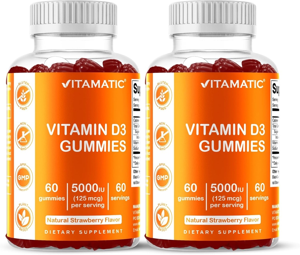 Vitamatický vitamin D3 Gummies - 5000 IU Na Gummy 124; 60 Gummies na láhev 124; Balení 2 (Celkem 120 Počet) Velká chuť 124; Podporuje kosti, zuby, nálada, společné a imunitní zdraví